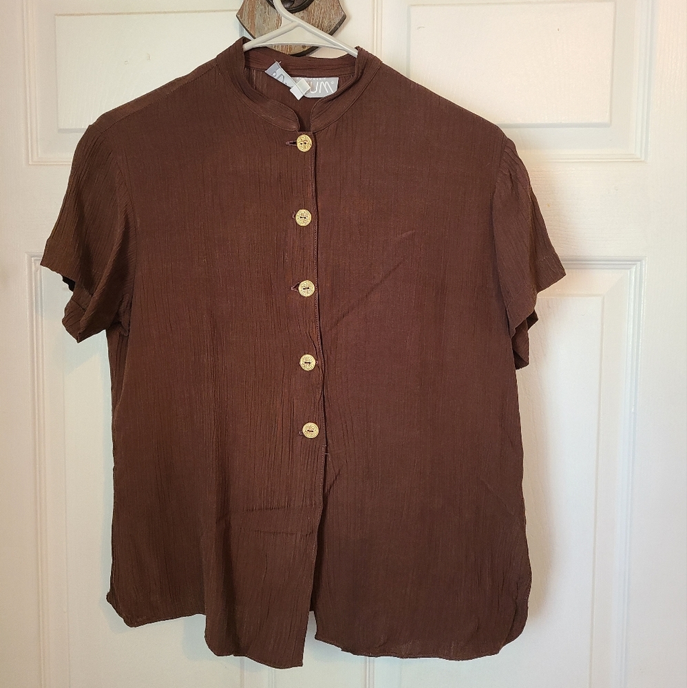 (1257) Platinum Woman's Short Sleeve Blouse, Size: Small Color: Brown